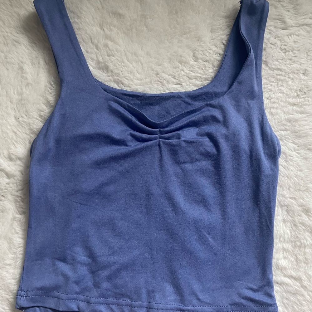 Blue Sleeveless Ruched Crop Tank Top